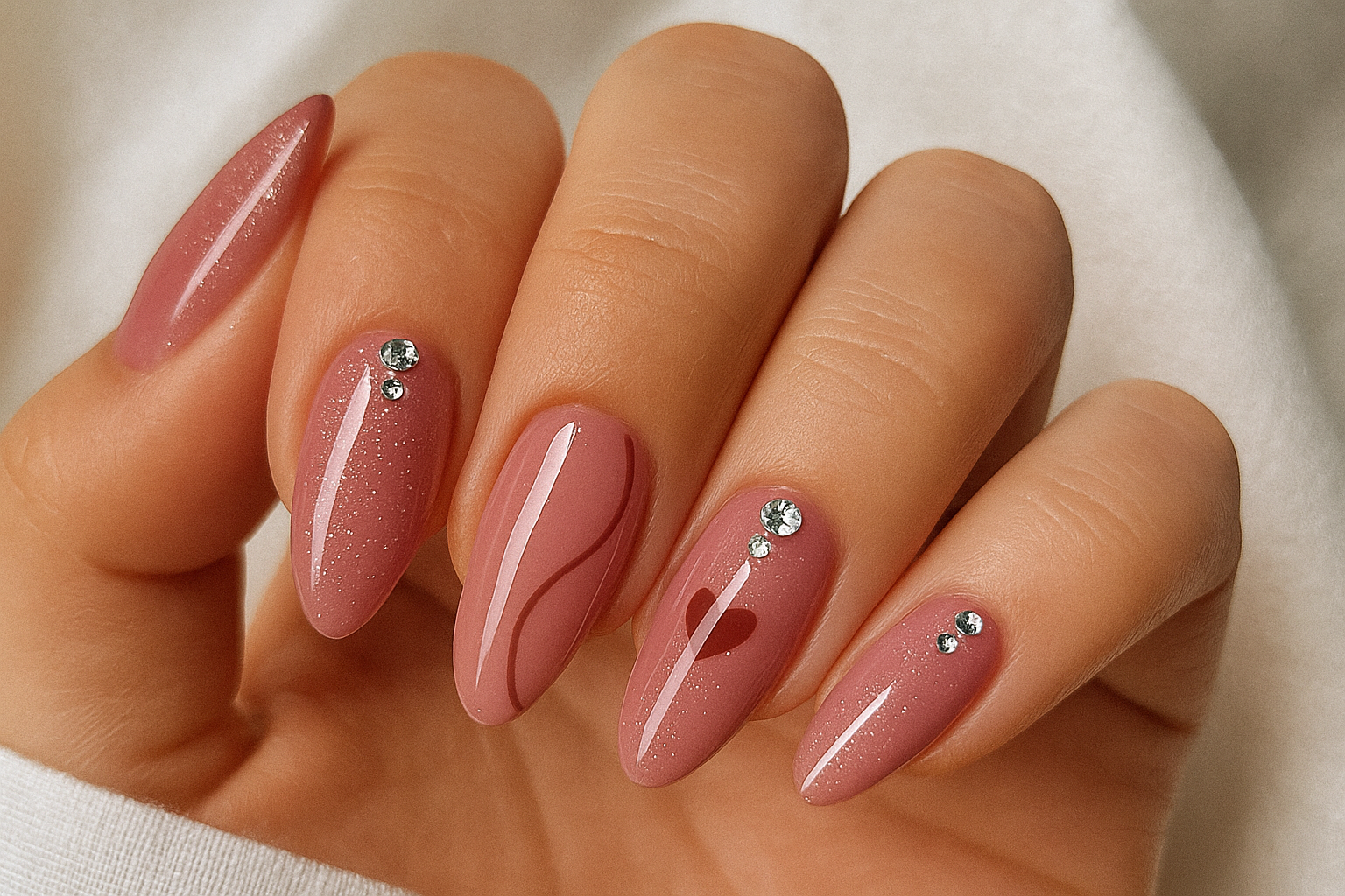 Mauve pink gel nails with hearts and crystals